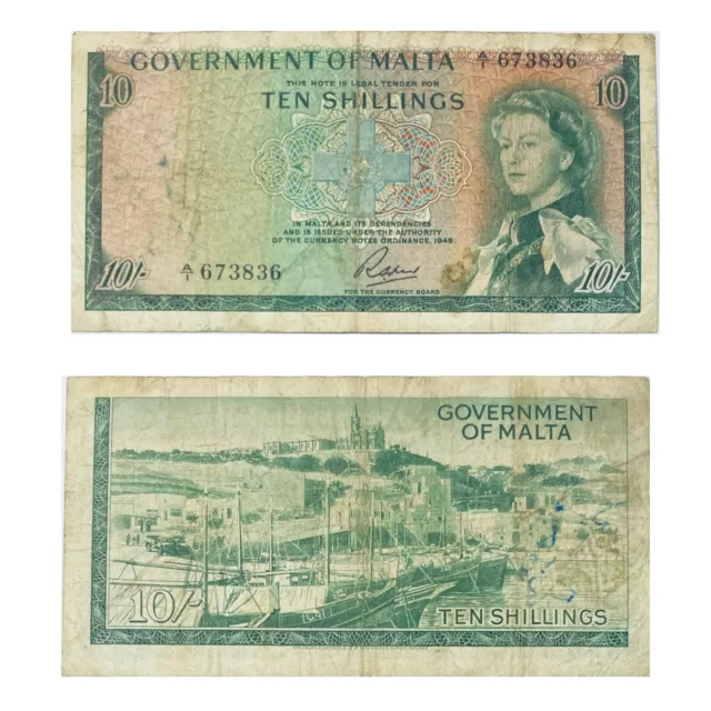 1963 British Malta 10 Old Maltese Shillings ½ Pound Banknote Queen Elizabeth Ii