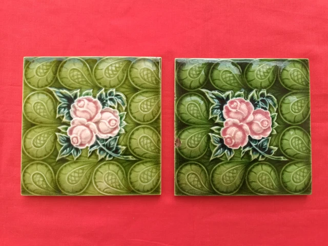 2 Piece Old Art Deco Floral Design Embossed Majolica Ceramic Tiles England 0262 3