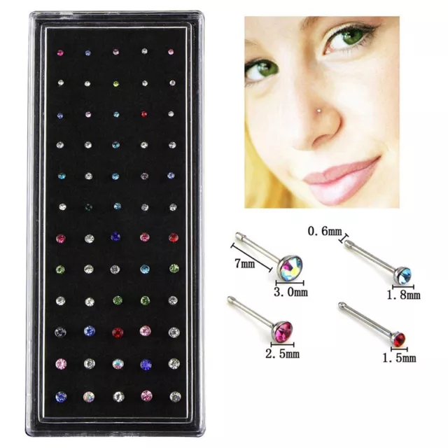 60X Crystal Rhinestone Nose Ring Bone Stud Stainless Steel Body Piercing Jewe_tu