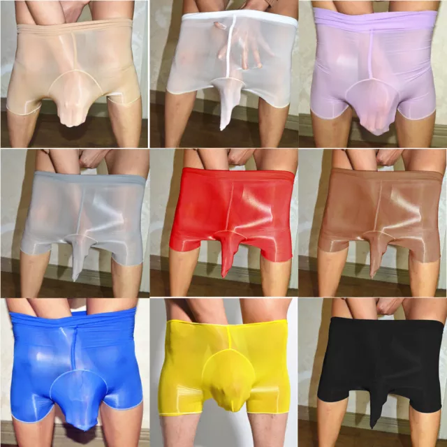 Men Shiny Glossy Pantyhose Boxer Trunks See Through Underwear Sheath Open/ Close