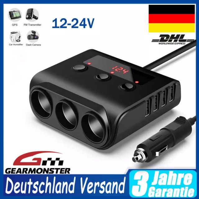 12V/24V KFZ Adapter Steckdose 3 Fach Auto Zigarettenanzünder Verteiler mit 4 USB