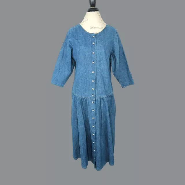Vintage Womens Denim Dress Small Drop Waist Blue Midi Prairie