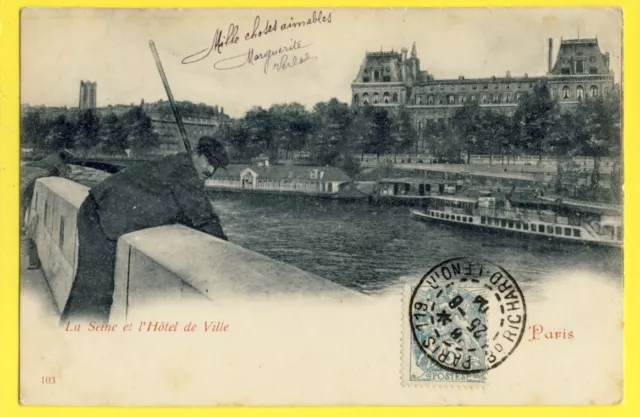 cpa FRANCE 75 - PARIS en 1900 La Seine et l'Hôtel de Ville PÊCHEURS sur le PONT