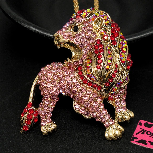 Fashion Women Cute Rhinestone Pink Royal Lion Crystal Pendant Chain Necklace