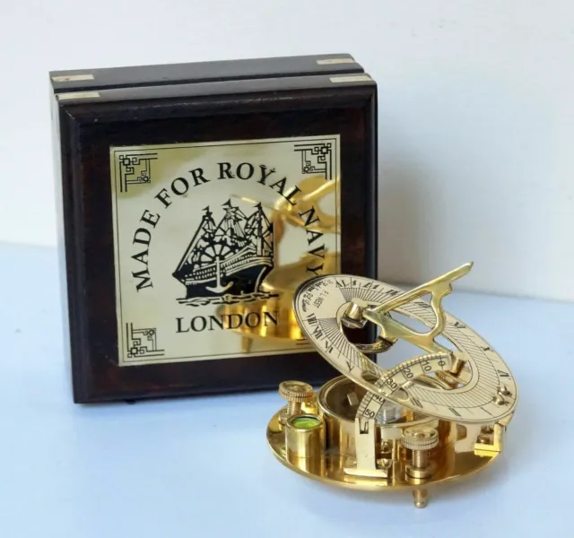 Maritime Brass Sundial Compass With Wooden Box Royal Navy London Collectible Ite