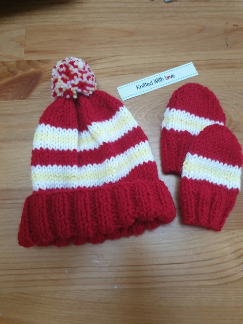 Hand Knitted baby hat , Liverpool FC Pom Pom Hat And Mitts 0 To 3 Months