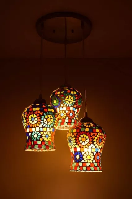 Moroccan Lantern Ceiling Mosaic Chandelier Hanging 3 Lamps Turkish Pendant Light