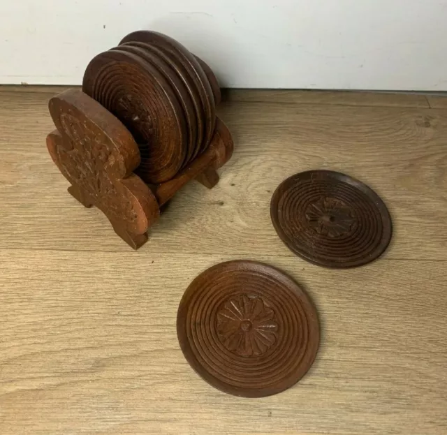 Vintage Wooden Carved Coasters Set x6- Clover Floral Coasters- Woodenware Rack