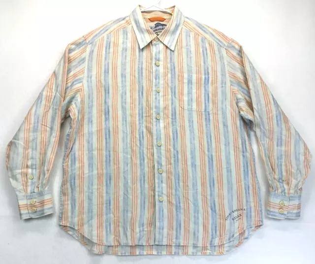 Tommy Bahama Shirt Mens XL 100% Linen Blue Orange Long Sleeve Button Up White