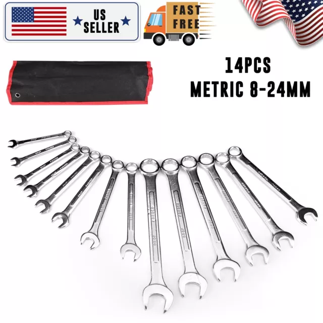 14PCS Portable Metric 8-24mm Open End Ring Wrench Combination Spanner Tool Set 2