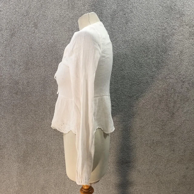 H&M Camicetta Top Cream Crrinkle Ricamo Orlo A Maniche Lunghe Tessuto Trasparente Uk 4 3