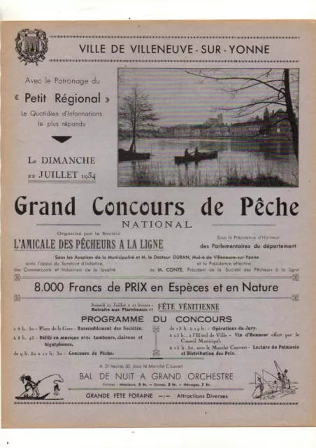 Programme Grand Concours de Pêche National Ville de Villeneuve-Sur-Yonne 1934