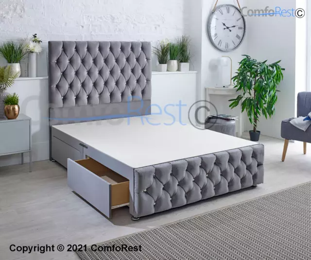PLUSH VELVET CHESTERFIELD DIVAN BED WITH Luxury 54” HEADBOARD - MADE IN UK