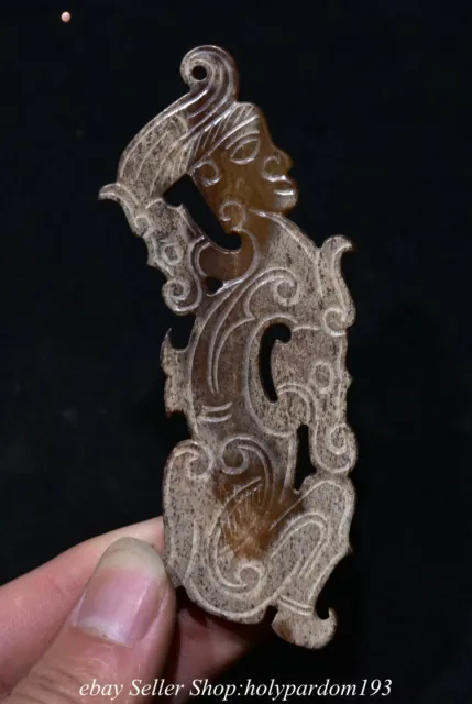 4" Old Chinese Hetian Jade Nephrite Carved Dragon Figure Yu Bi Pendant