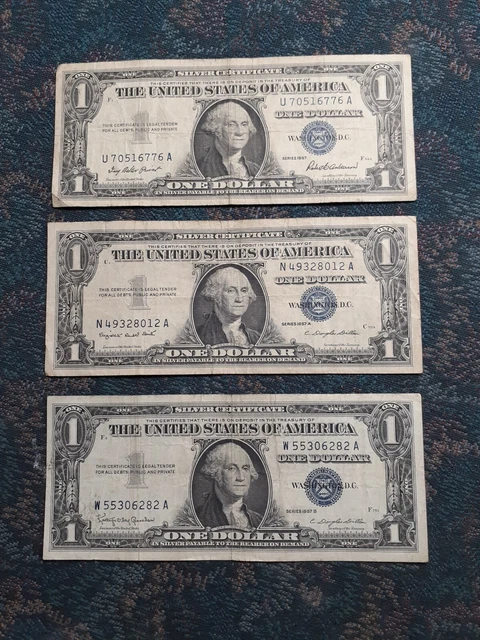 3 Pc. 1957, 1957-A,1957-B Silver Certificate One Dollar Bill (Circulated )