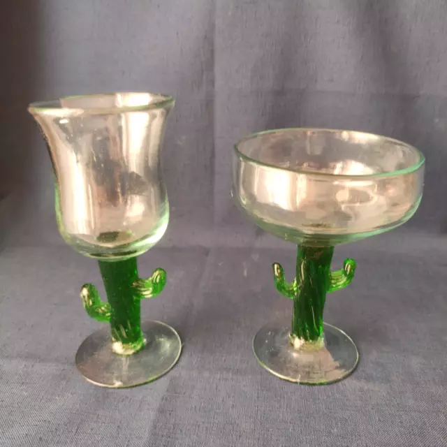 Vintage 2 Verres Cactus En Verre Souffle Epais H. 18Cm Et 15Cm