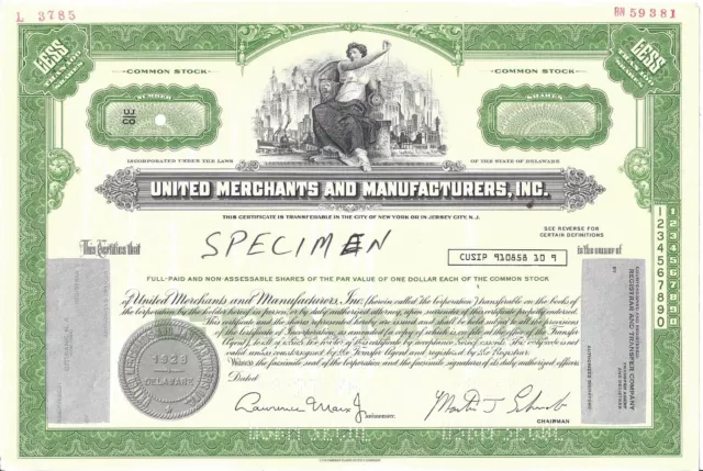 United Merchants And Manufacturers Inc....."Specimen" Common Stock Certificate