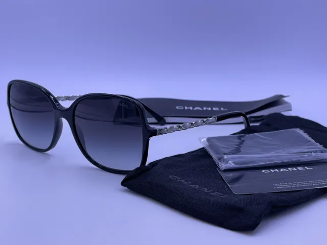 CHANEL Sunglasses AUTHENTIC 5215q CH215q Black Gun Chain Leather CC Polarize