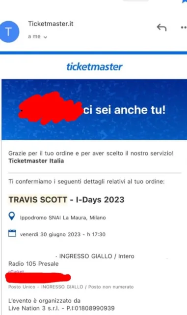 Biglietto Travis Scott Milano Ippodromo SNAI 30 Giugno 2023 Ingresso Giallo.