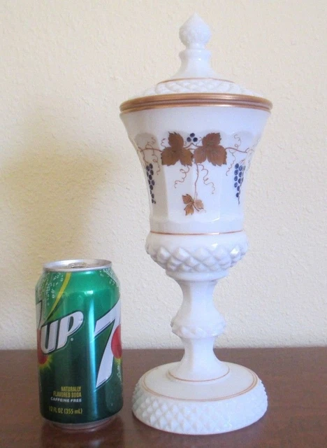 Westmoreland Milk Glass, 12 1/2 inch Urn with Lid - Gold Designs with Grapes