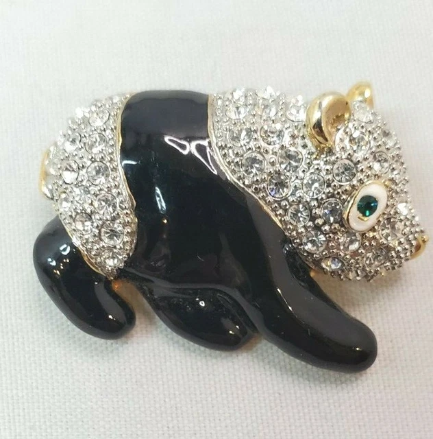 Unsigned Gold Tone with Clear Rhinestones Panda Bear Brooch Pin Costume Jewelry