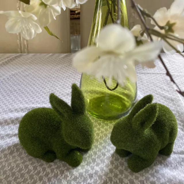 Pair of 2 Faux Moss Bunny Rabbits 5.5” Tall Easter Decor Tablescape Spring Green