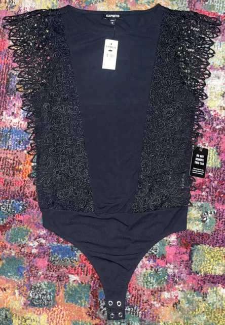 Express Lace Embroidered V-Neck Long Sleeve Thong Bodysuit Black Women's XL