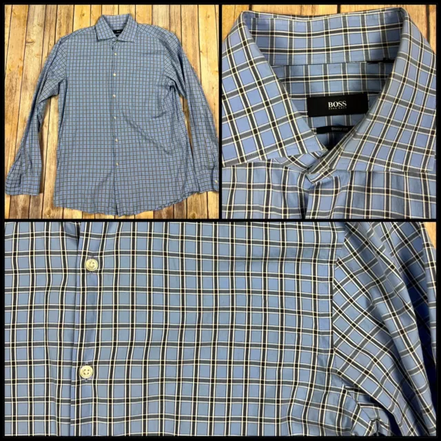 ⭐️ Hugo Boss Large Sharp Fit Button Front Shirt Blue,Black,White Plaid ⭐️
