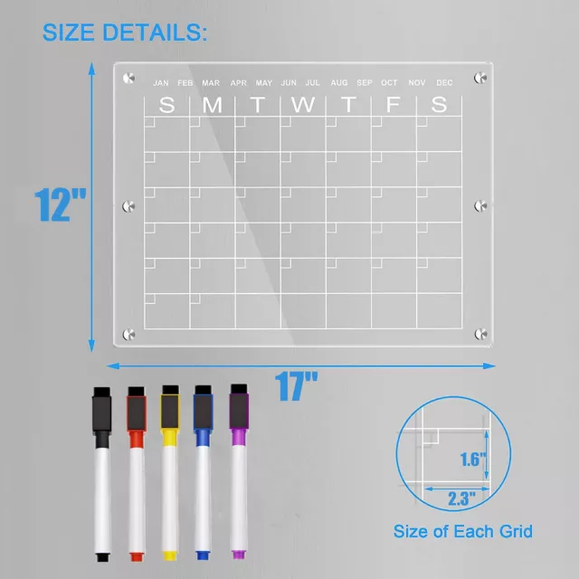 Magnetic Acrylic Calendar for Fridge 17"x12" Clear Dry Erase Calendar Board Pen 2