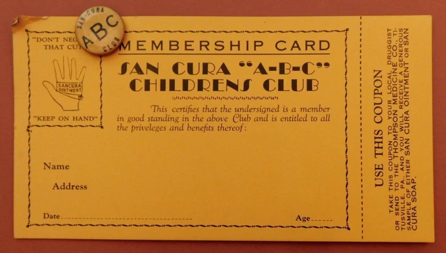 San Cura (Quack Medicine) ABC Children's Club Radio Show Member card & pin tra13