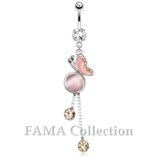 FAMA Butterfly with Pink Tiger Eye Gem and Chandelier Dangle Navel Belly Ring
