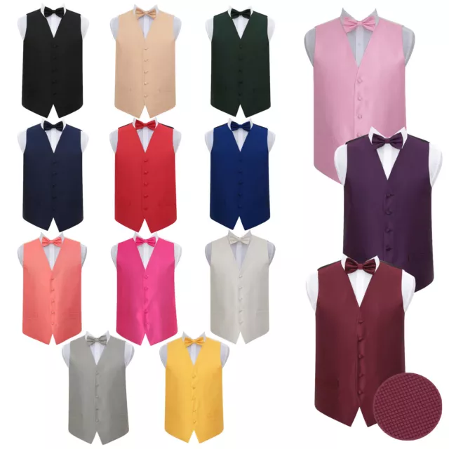 Mens Boys Waistcoat Bow Tie Set Woven Plain Solid Check Wedding Tuxedo Vest