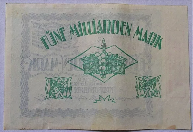 Geldschein  Kreisgemeinde Pfalz  5 Milliarden Mark  1 Oktober 1923 Notgeldschein 2