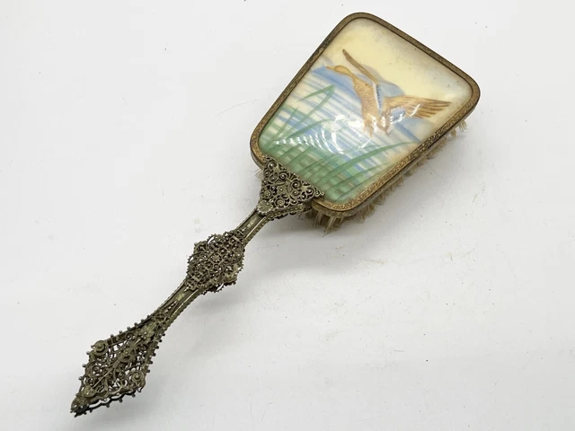 Vintage Ornate Fillagree Handle Hair Brush Vanity Grooming Mallard Duck Design