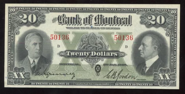 Bank of Montreal $20, 1938 - CH 505-62-06. Fresh AU/Unc.