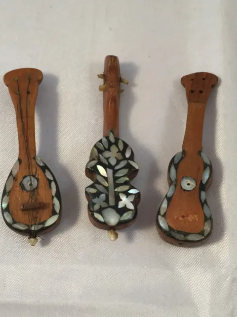 3 antique miniature musical instruments violin, mandolin, guitar,wood/MOP 1 1/2"
