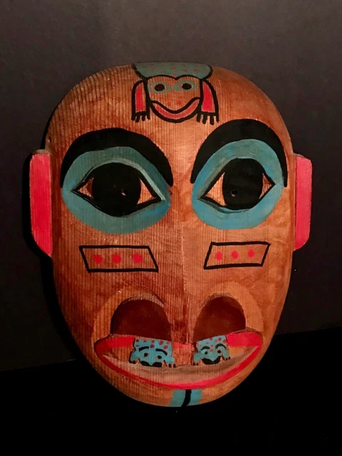Super Vintage Nw Coast Handcarved&Painted Cedar Mask,Frog Clan Designs,Excellent