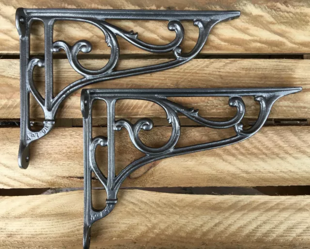 Pair 10" ANTIQUE HEAVY DUTY CAST IRON VICTORIAN SHELF WALL BRACKETS - BR27p(x2)