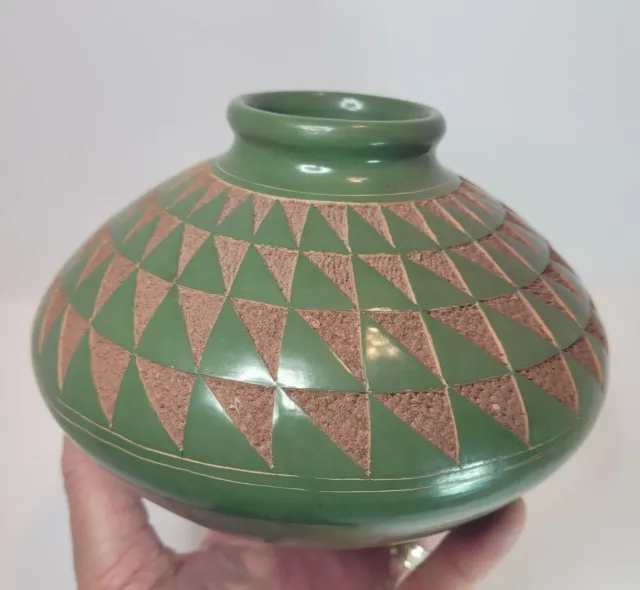 Nicaraguan Art Pottery Vase Carved Geometric Design Green Brown 4.75"