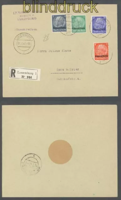 Luxemburg Mi #  2, 3, 5 + 10 MiF R-Brief 1.7.1941 nach Konz (43014)