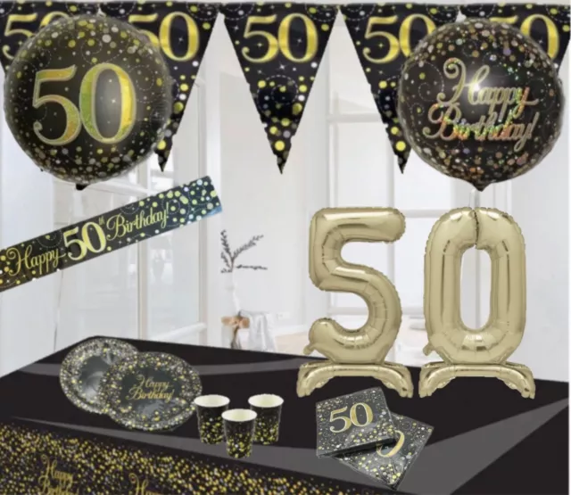 Age 50th & Happy Birthday Black Gold Party Decorations Bunting Banners Balloons