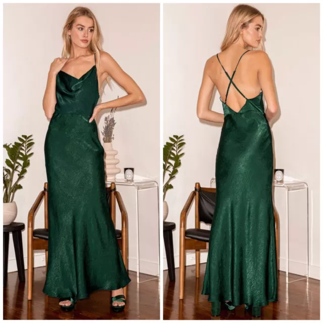 NWT LuLus Size L Exquisite Evening Emerald Green Satin Cowl Neck Maxi Dress