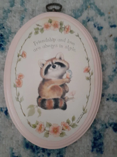 Vintage Hallmark Plaque Raccoon Bird Peach Friendship Love Always in Style 7"×5"