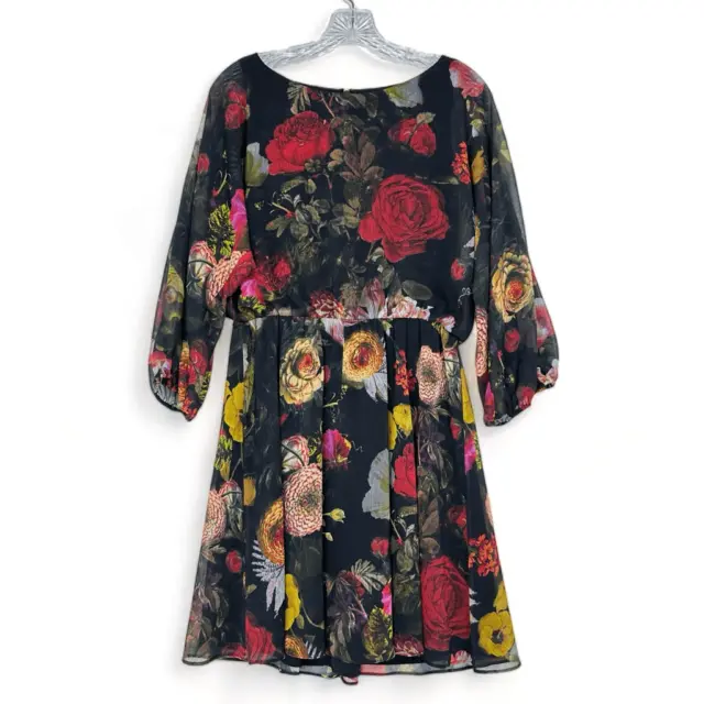 Alice + Olivia Black Floral Print Chiffon Mini Blouson  Dress Size Medium.