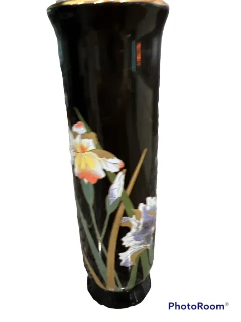 Vintage Crown Iris Otagiri Black Porcelain Bud Vase Gold Trim Gilt Japan 7”