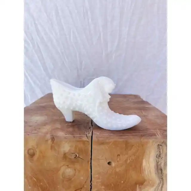 Vintage Fenton Glass Milk Glass White Hobnail Cat Head High Heel Slipper Shoe