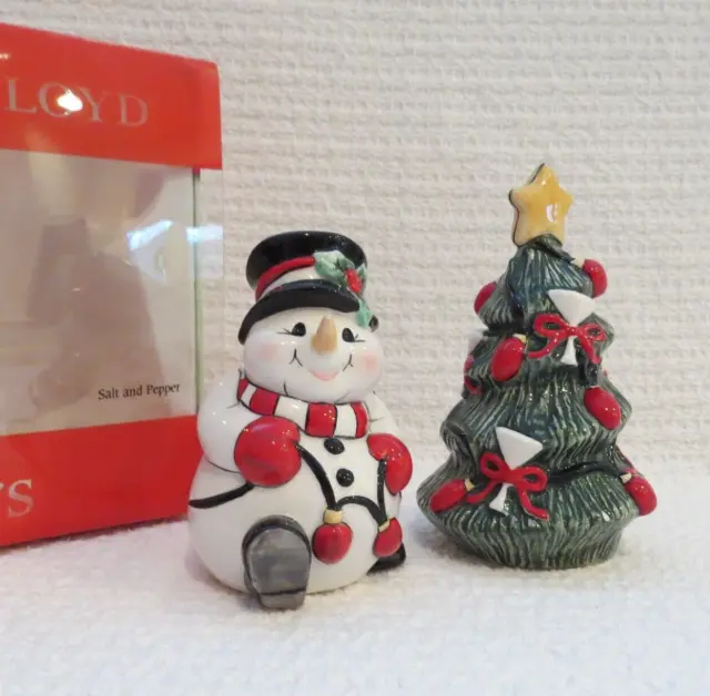 Fitz and Floyd Cheers Ceramic Christmas Tree and Snowman Salt and Pepper Shakers