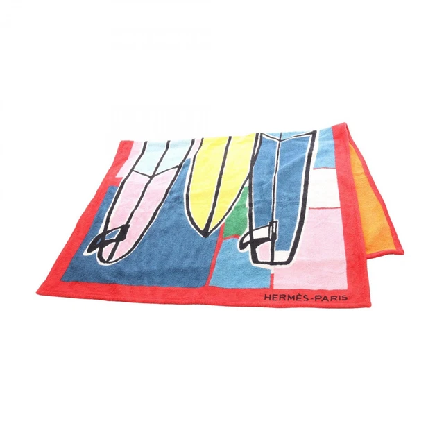 Serviette De Plage HERMÈS - Motif Yachting Tatouage/Boucle Doré, Coton, Frangée - Occasion Non Utilisée