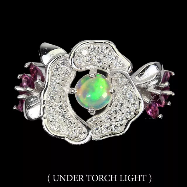 Unheated Round Fire Opal 5mm Gems Simulated Cz 925 Sterling Silver Ring 6.5