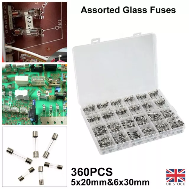 360x Assorted Glass Fuses 5x20mm 6x30mm Box Fuse Quick Blow Fast Acting Tube Set